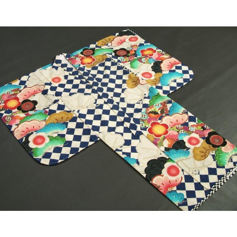 七五三 着物 7歳 女の子 四つ身着物 JAPANSTYLE×松坂大輔 青色 菱市松 扇面 松竹梅 地紋生地 | 京美 | 01