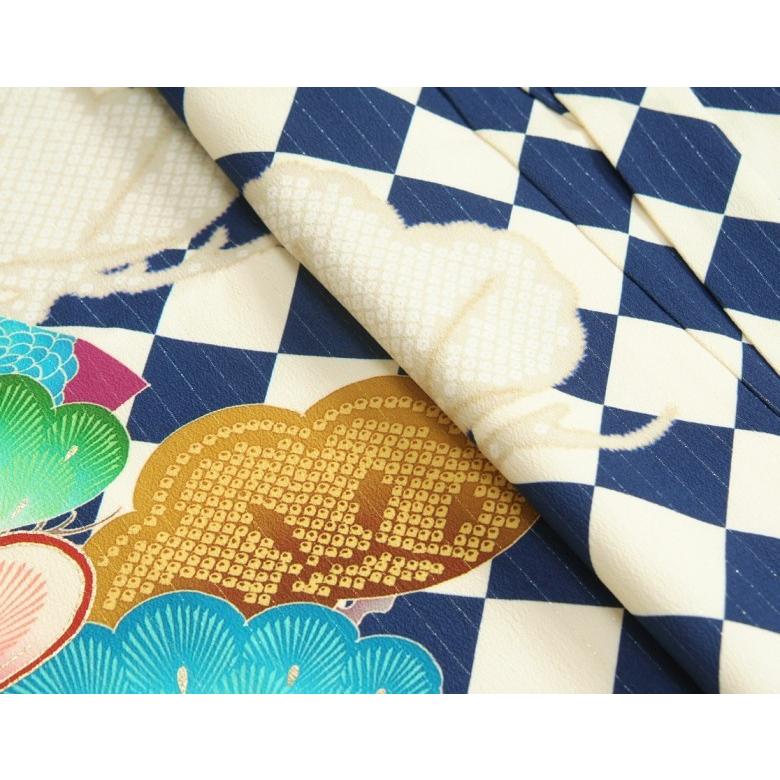 七五三 着物 7歳 女の子 四つ身着物 JAPANSTYLE×松坂大輔 青色 菱市松 扇面 松竹梅 地紋生地 | 京美 | 02