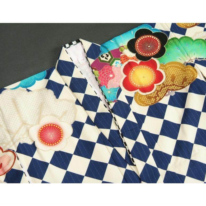 七五三 着物 7歳 女の子 四つ身着物 JAPANSTYLE×松坂大輔 青色 菱市松 扇面 松竹梅 地紋生地 | 京美 | 03