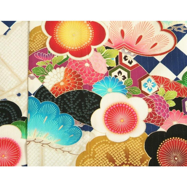 七五三 着物 7歳 女の子 四つ身着物 JAPANSTYLE×松坂大輔 青色 菱市松 扇面 松竹梅 地紋生地 | 京美 | 04