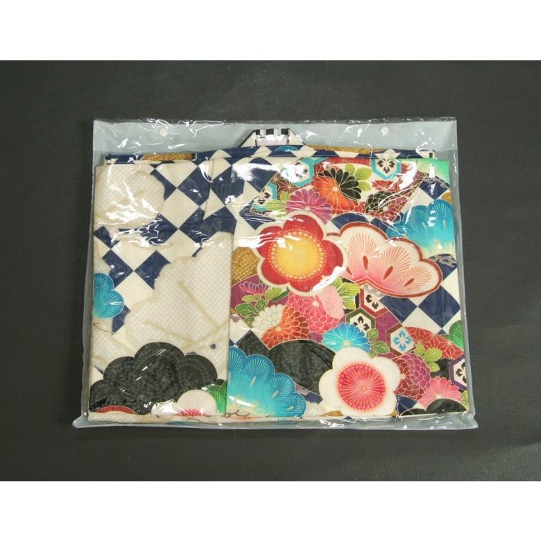 七五三 着物 7歳 女の子 四つ身着物 JAPANSTYLE×松坂大輔 青色 菱市松 扇面 松竹梅 地紋生地 | 京美 | 07