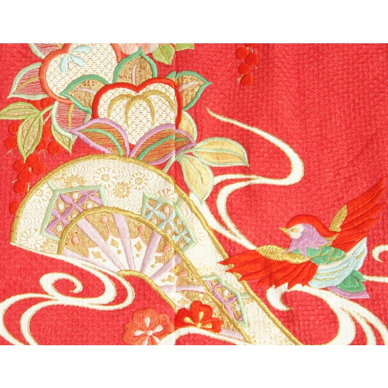 七五三 着物 7歳 正絹 女の子 四つ身着物 濃ピンク色 総本唐絞り 橘 流水文様 金彩箔 日本製 | 京美 | 04