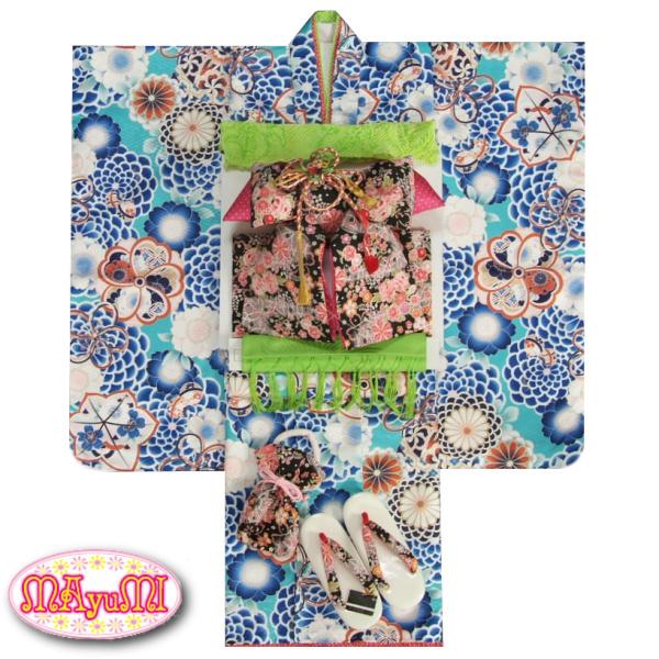 七五三 着物 7歳 着物フルセット マユミブランド 青緑色地着物 黒地縮緬友禅帯セット 牡丹菊 足袋に腰紐など20点フルセット