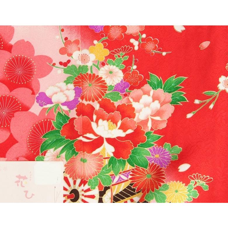 七五三 正絹 絹100％ 着物 7歳 着物セット 赤地着物 花車 枝垂れ桜 金襴市松柄帯セット 足袋に腰紐など20点セット | 京美 | 04