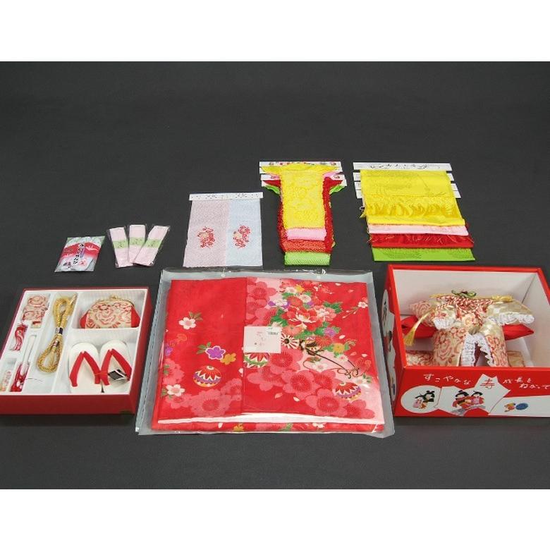 七五三 正絹 絹100％ 着物 7歳 着物セット 赤地着物 花車 枝垂れ桜 金襴市松柄帯セット 足袋に腰紐など20点セット | 京美 | 07