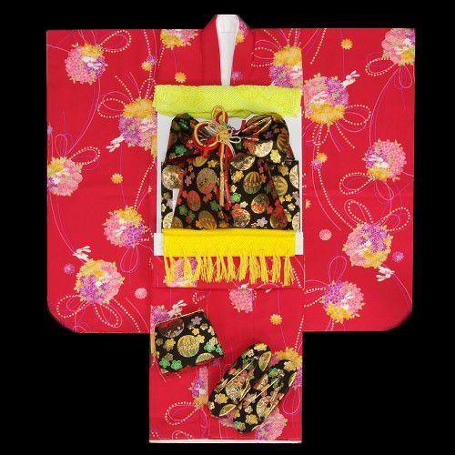 七五三　着物　七歳　着物フルセット　赤色地着物　黒地帯セット　華珠柄　うさぎ　足袋に腰紐など20点フルセット