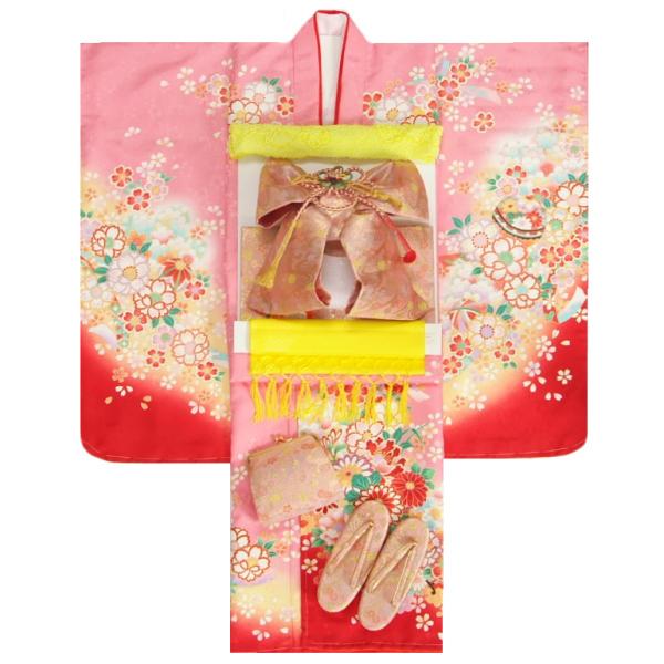 七五三 着物 7歳 女の子 着物フルセット 京都花ひめブランド 濃淡ピンク色 絵羽柄 ベージュ金襴帯セット 足袋に腰紐など20点セット 日本製