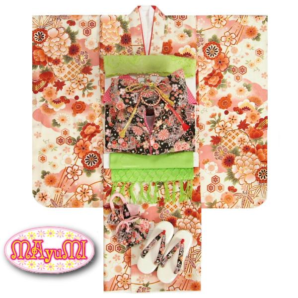 七五三 着物 7歳 着物フルセット マユミブランド 白地着物 黒ちりめん友禅柄帯セット 桜 雪輪柄 足袋に腰紐など20点フルセット | 京美