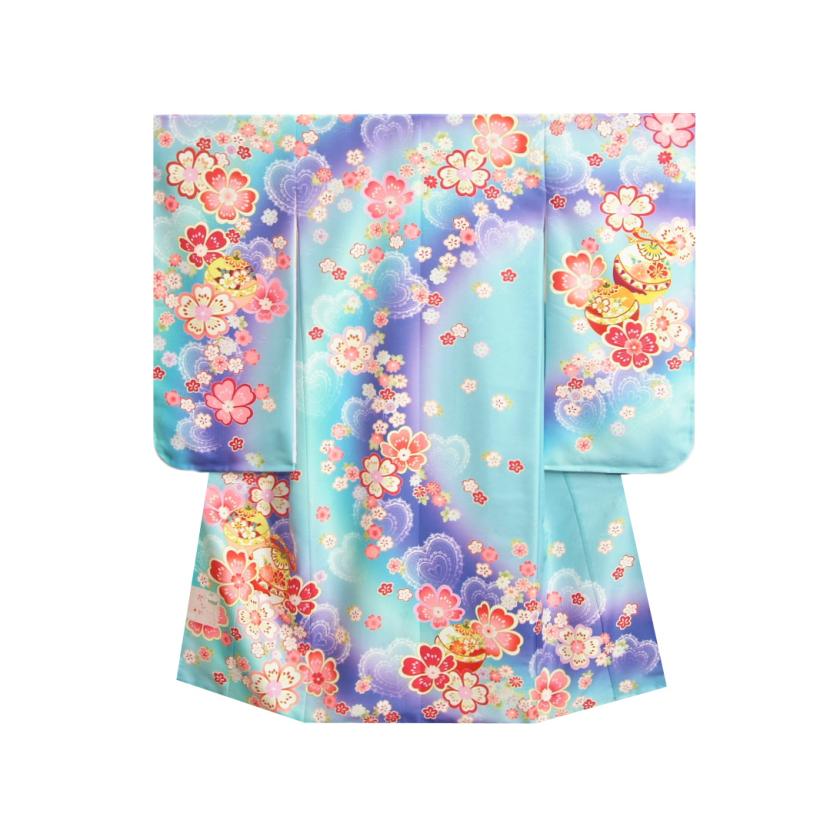 七五三 着物 7歳 女の子 着物フルセット 濃淡水色ぼかし紫色流れ染め 重ね桜 金駒刺繍 白地雪華文様帯セット 足袋に腰紐など20点セット 日本製 | 京美 | 03