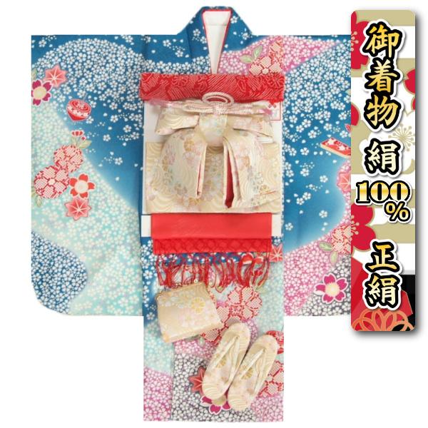 七五三 正絹 絹100％ 着物 7歳 着物フルセット 青色 滝泰おぼろ染め 舞桜 銀通し パールゴールド八重桜流水文様帯セット 足袋に腰紐など20点セット 日本製