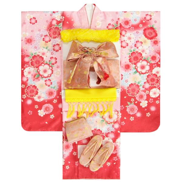 七五三 着物 7歳 着物フルセット 紅ピンク染分け切替着物 流れぼかし 桜流水ピンク地帯セット 足袋に腰紐など20点フルセット