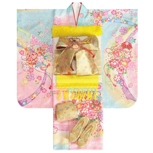 七五三 着物 7歳 女の子 着物フルセット 絵羽柄 水色ピンク三色ぼかし染め着物 金襴地友禅柄帯セット 足袋に腰紐など20点フルセット