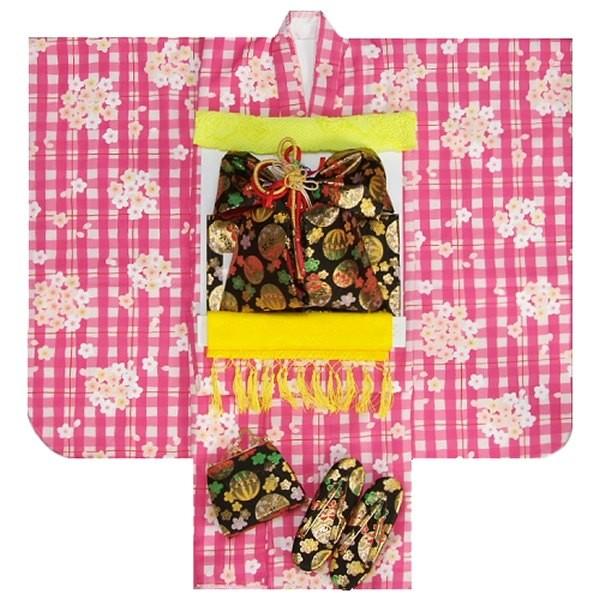 七五三　着物　7歳着物フルセット　ピンク市松柄地着物　黒地帯セット　桜珠柄　足袋に腰紐など20点フルセット