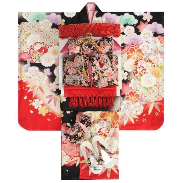 七五三　着物　7歳　着物フルセット　式部浪漫ブランド　黒色地赤染め分け着物　黒縮緬地友禅柄帯セット　桜七宝　足袋に腰紐など20点フルセット