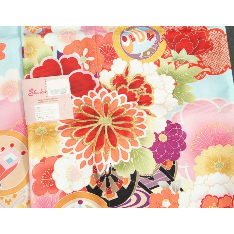 七五三 着物 7歳 着物フルセット 式部浪漫ブランド 水色地ピンク染め分け着物 ピンク縮緬地友禅柄帯セット 菊 足袋に腰紐など20点セット | 京美 | 04