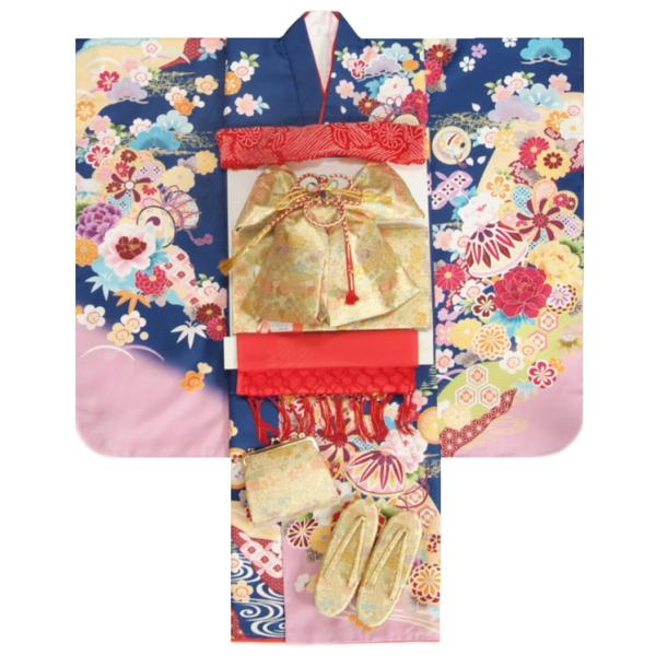 七五三 着物 7歳着物フルセット フロム京都ブランド From KYOTO 青色地ピンク染め分け着物 友禅文様 金襴地友禅帯セット 足袋に腰紐など20点フルセット