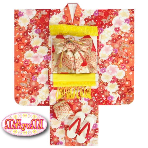 七五三 着物 7歳 着物フルセット マユミブランド 濃淡赤色ぼかし着物 金襴市松帯セット 大小桜柄 足袋に腰紐など20点フルセット