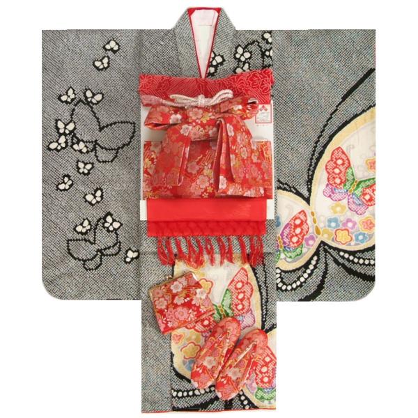 七五三 正絹 絹100％ 着物 7歳 着物セット 総本鹿の子手絞り 黒地着物 赤地三色桜桐生織帯セット 舞蝶 足袋に腰紐など2１点フルセット