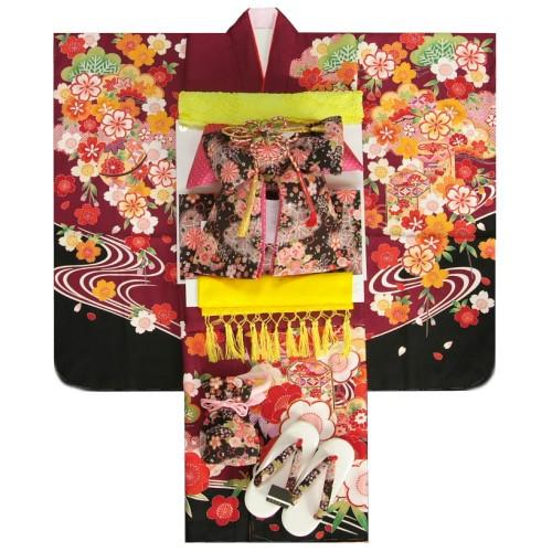 七五三着物7歳　着物フルセット　和がままブランド　小豆色地着物　枝垂れ桜　松竹梅　黒ちりめん友禅柄帯セット　足袋に腰紐など20点フルセット | 京美