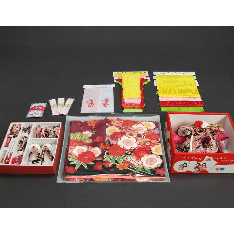 七五三着物7歳　着物フルセット　和がままブランド　小豆色地着物　枝垂れ桜　松竹梅　黒ちりめん友禅柄帯セット　足袋に腰紐など20点フルセット | 京美 | 07