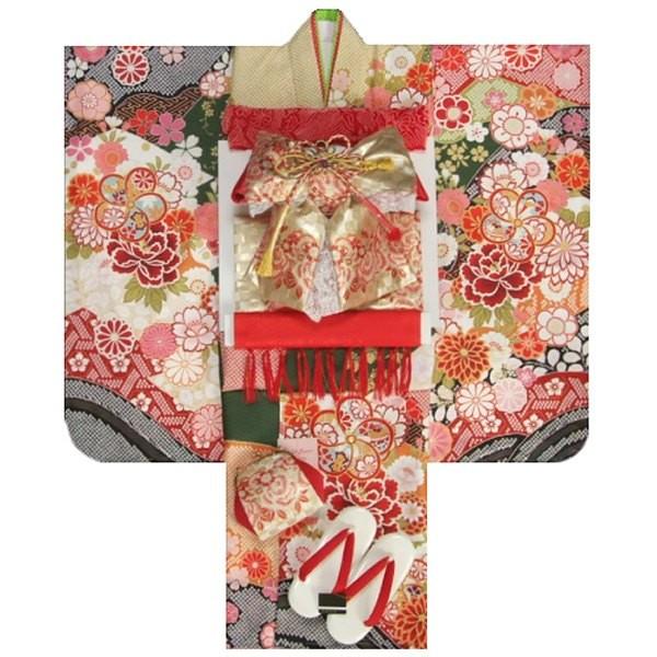 七五三 着物 7歳 着物フルセット 式部浪漫ブランド 濃緑色地着物 金欄市松柄帯セット 捻り梅 疋田友禅 足袋に腰紐など20点フルセット