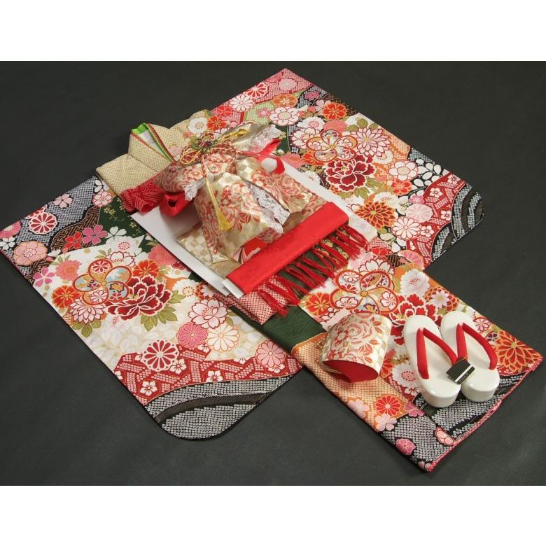 七五三 着物 7歳 着物フルセット 式部浪漫ブランド 濃緑色地着物 金欄市松柄帯セット 捻り梅 疋田友禅 足袋に腰紐など20点フルセット | 京美 | 01