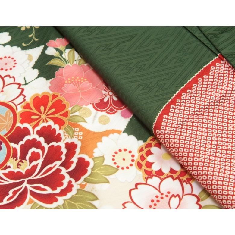 七五三 着物 7歳 着物フルセット 式部浪漫ブランド 濃緑色地着物 金欄市松柄帯セット 捻り梅 疋田友禅 足袋に腰紐など20点フルセット | 京美 | 02