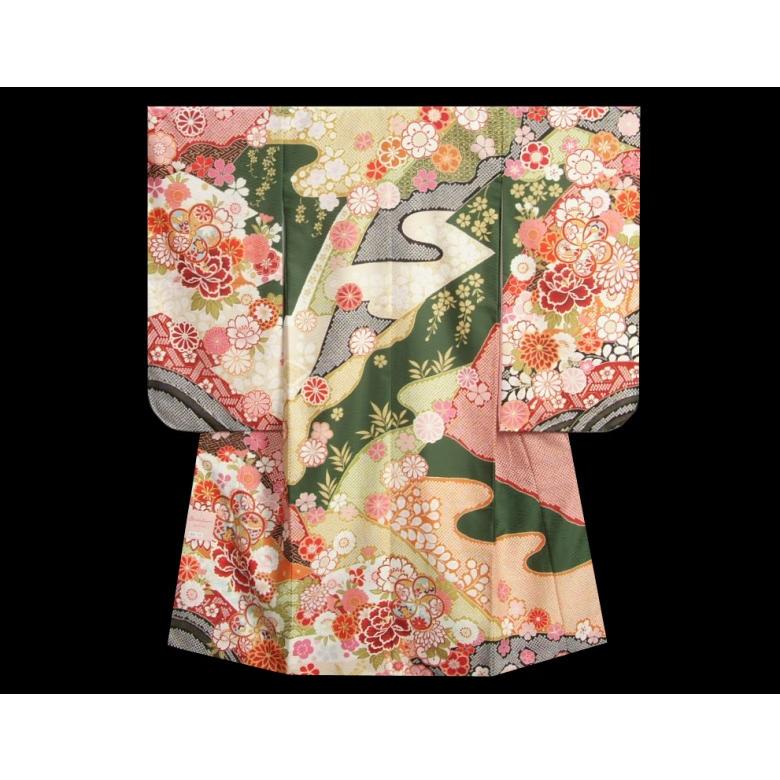 七五三 着物 7歳 着物フルセット 式部浪漫ブランド 濃緑色地着物 金欄市松柄帯セット 捻り梅 疋田友禅 足袋に腰紐など20点フルセット | 京美 | 03