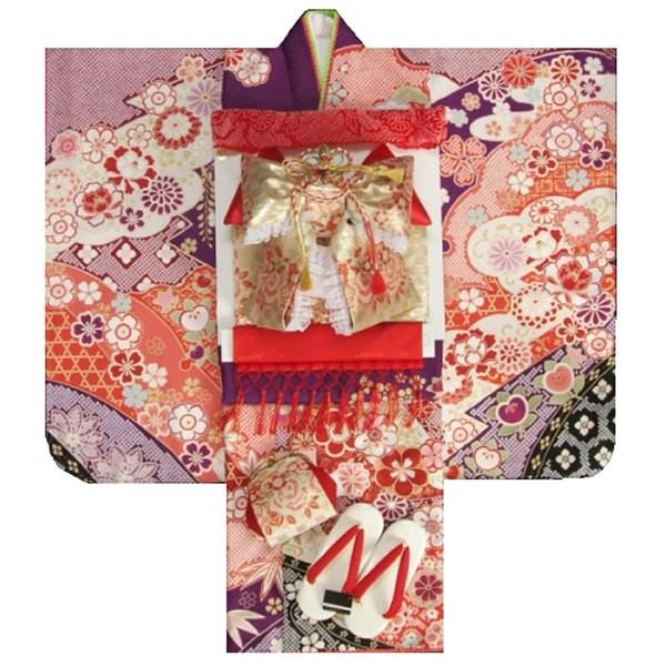 七五三 着物 7歳 着物フルセット 式部浪漫ブランド 紫色地着物 金襴市松柄帯セット 捻り梅 疋田友禅 足袋に腰紐など20点フルセット 日本製