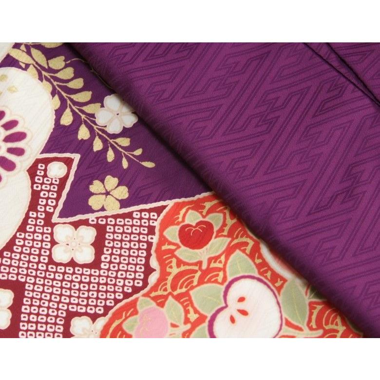 七五三 着物 7歳 着物フルセット 式部浪漫ブランド 紫色地着物 金襴市松柄帯セット 捻り梅 疋田友禅 足袋に腰紐など20点フルセット 日本製 | 京美 | 02