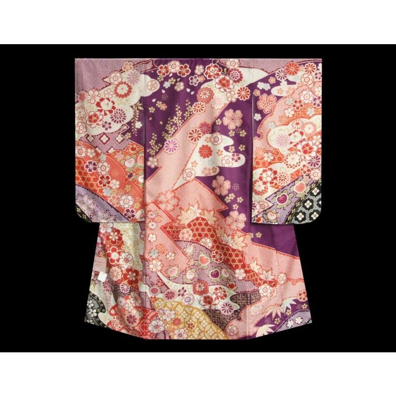 七五三 着物 7歳 着物フルセット 式部浪漫ブランド 紫色地着物 金襴市松柄帯セット 捻り梅 疋田友禅 足袋に腰紐など20点フルセット 日本製 | 京美 | 03