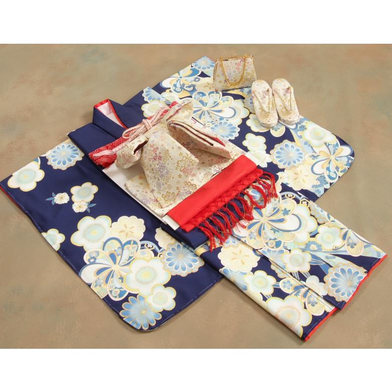 七五三 着物 7歳 女の子 着物フルセット 式部浪漫KAGURA 青紺色 捻り菊 白地雪華文様帯セット 足袋に腰紐など20点セット 日本製 | 京美 | 02