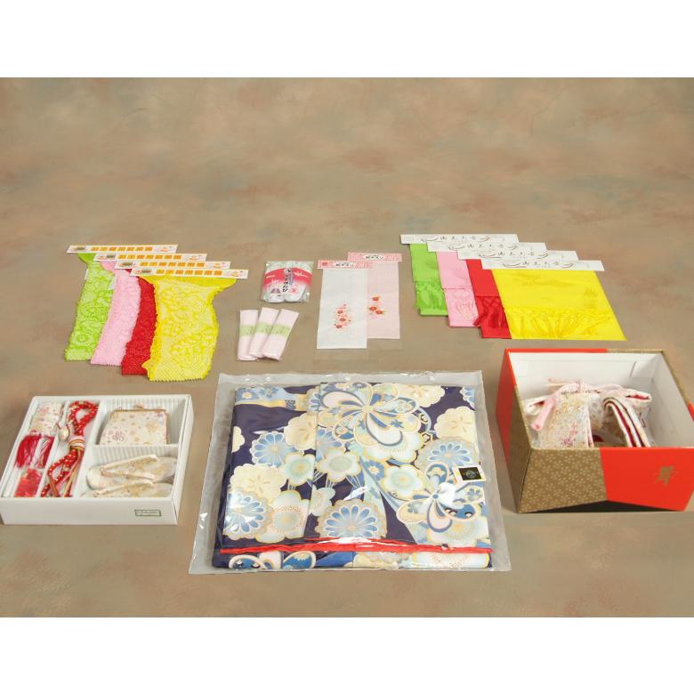 七五三 着物 7歳 女の子 着物フルセット 式部浪漫KAGURA 青紺色 捻り菊 白地雪華文様帯セット 足袋に腰紐など20点セット 日本製 | 京美 | 13