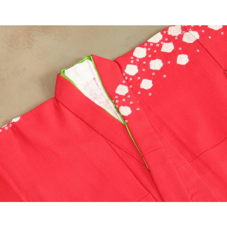 七五三 正絹 絹100％ 着物 7歳 着物フルセット 本手絞り濃ピンク着物 白地雪華文様柄帯セット 足袋に腰紐など21点フルセット 日本製 | 京美 | 04