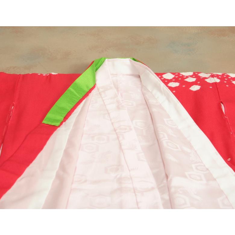 七五三 正絹 絹100％ 着物 7歳 着物フルセット 本手絞り濃ピンク着物 白地雪華文様柄帯セット 足袋に腰紐など21点フルセット 日本製 | 京美 | 06