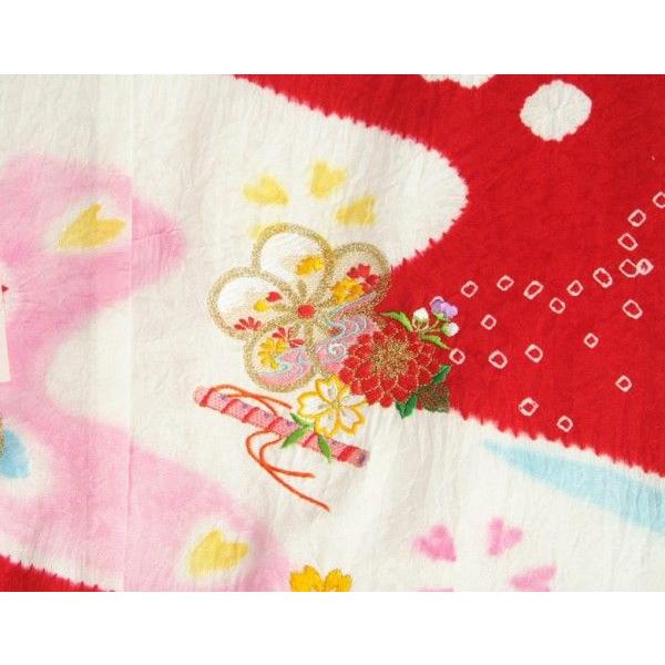 七五三 正絹 絹100％ 着物 7歳 着物フルセット 赤 本絞り 刺繍まり桜 金彩 黒地重ね仕立て帯セット 足袋に腰紐など20点セット 日本製 | 京美 | 02