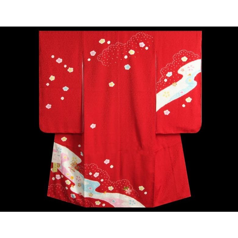 七五三 正絹 絹100％ 着物 7歳 着物フルセット 赤 本絞り 刺繍まり桜 金彩 黒地重ね仕立て帯セット 足袋に腰紐など20点セット 日本製 | 京美 | 03