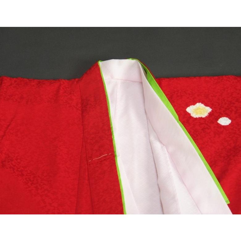 七五三 正絹 絹100％ 着物 7歳 着物フルセット 赤 本絞り 刺繍まり桜 金彩 黒地重ね仕立て帯セット 足袋に腰紐など20点セット 日本製 | 京美 | 04