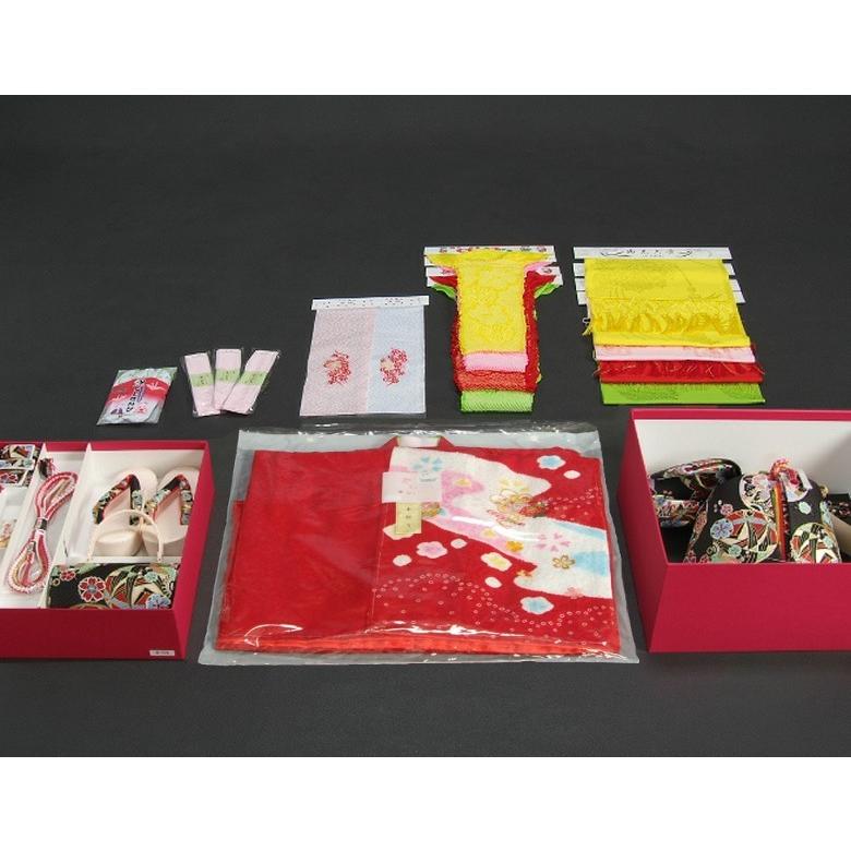 七五三 正絹 絹100％ 着物 7歳 着物フルセット 赤 本絞り 刺繍まり桜 金彩 黒地重ね仕立て帯セット 足袋に腰紐など20点セット 日本製 | 京美 | 07