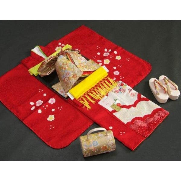 七五三 正絹 絹100％ 着物 7歳 着物フルセット 赤 本絞り 刺繍華輪金彩 金襴地重ね仕立て帯セット 足袋に腰紐など20点セット 日本製 | 京美 | 01