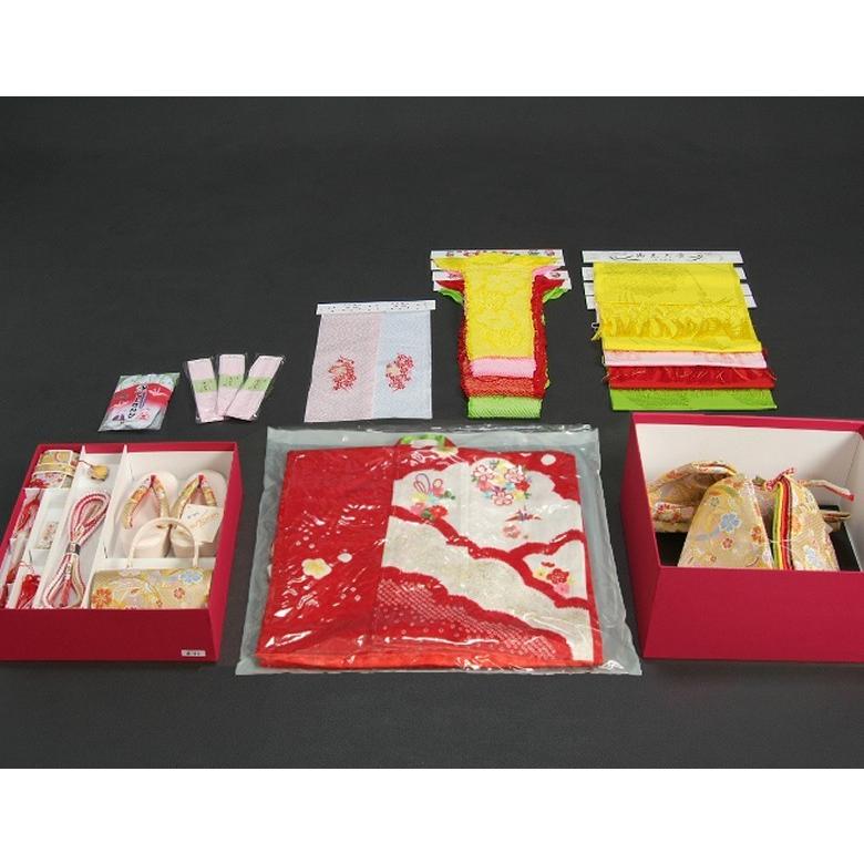 七五三 正絹 絹100％ 着物 7歳 着物フルセット 赤 本絞り 刺繍華輪金彩 金襴地重ね仕立て帯セット 足袋に腰紐など20点セット 日本製 | 京美 | 07