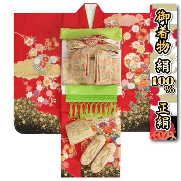 七五三 正絹 絹100％ 着物 7歳 着物フルセット 手描き赤色地着物 華百選 金彩雲取 金襴重ね仕立て友禅帯セット 足袋に腰紐など21点セット 日本製