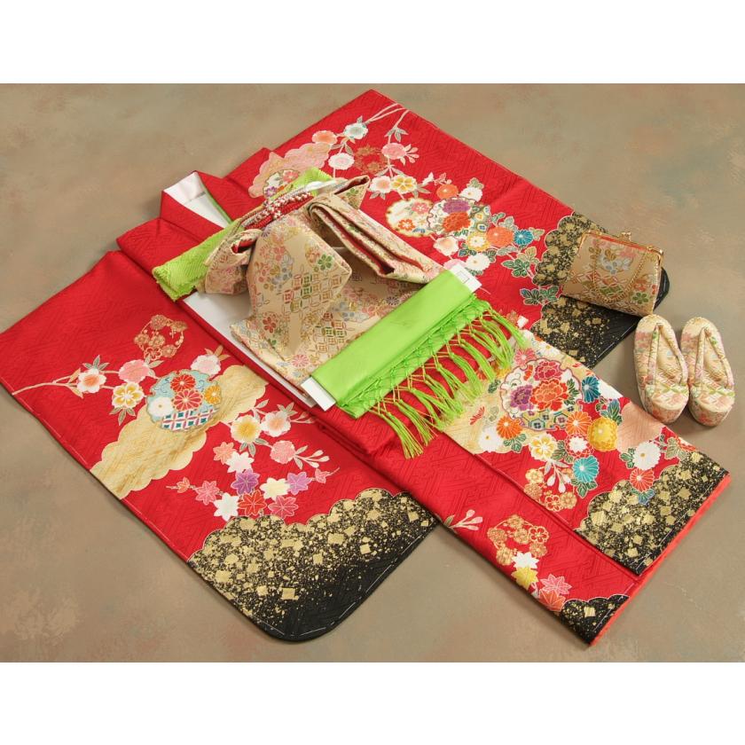 京美 七五三 正絹 絹100％ 着物 7歳 着物フルセット 手描き赤色地着物