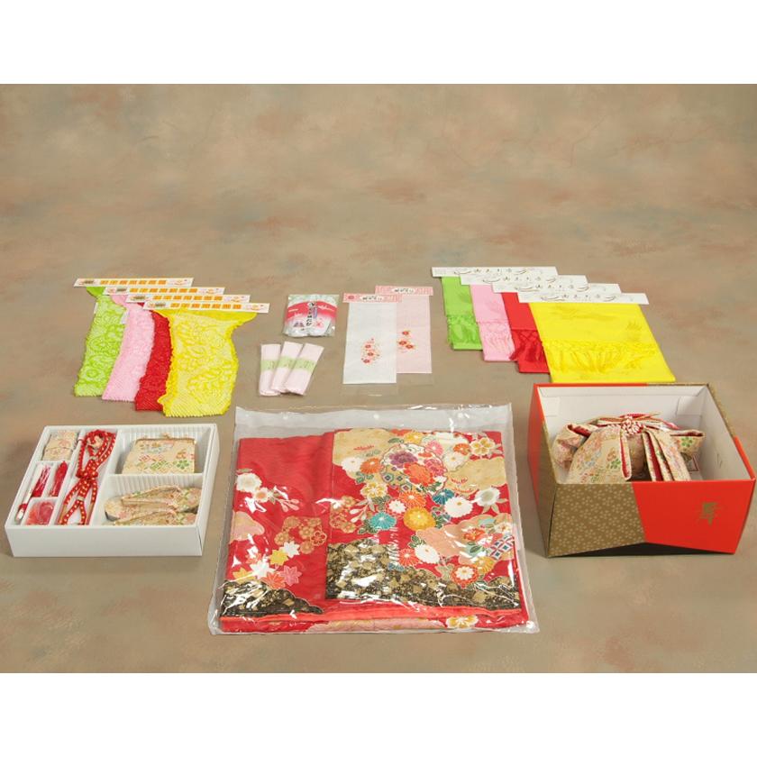 七五三 正絹 絹100％ 着物 7歳 着物フルセット 手描き赤色地着物 華百選 金彩雲取 金襴重ね仕立て友禅帯セット 足袋に腰紐など21点セット 日本製 | 京美 | 13