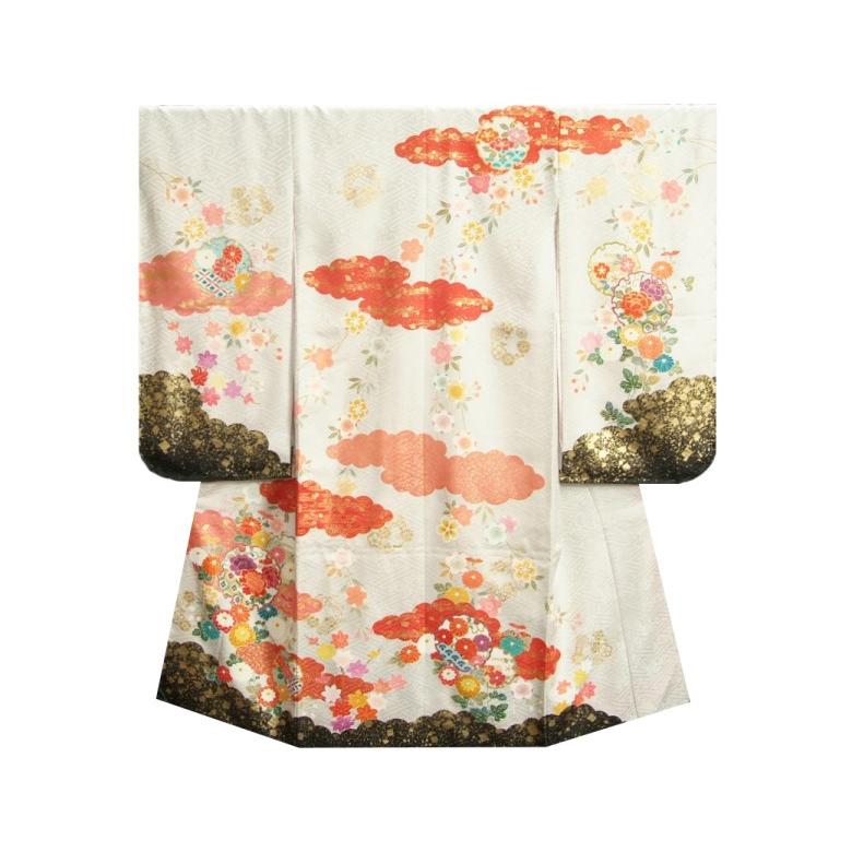 七五三 正絹 絹100％ 着物 7歳 着物フルセット 手描き白色地着物 華百選 金彩雲取 黒地重ね仕立て友禅帯セット 足袋に腰紐など21点セット 日本製 | 京美 | 03