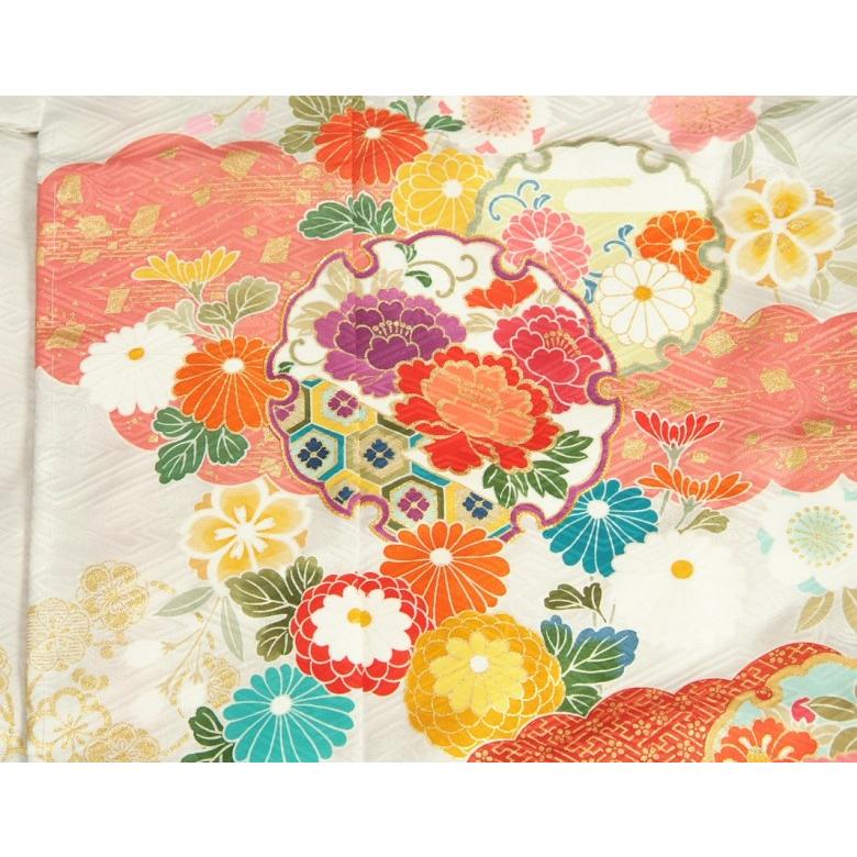 七五三 正絹 絹100％ 着物 7歳 着物フルセット 手描き白色地着物 華百選 金彩雲取 黒地重ね仕立て友禅帯セット 足袋に腰紐など21点セット 日本製 | 京美 | 04