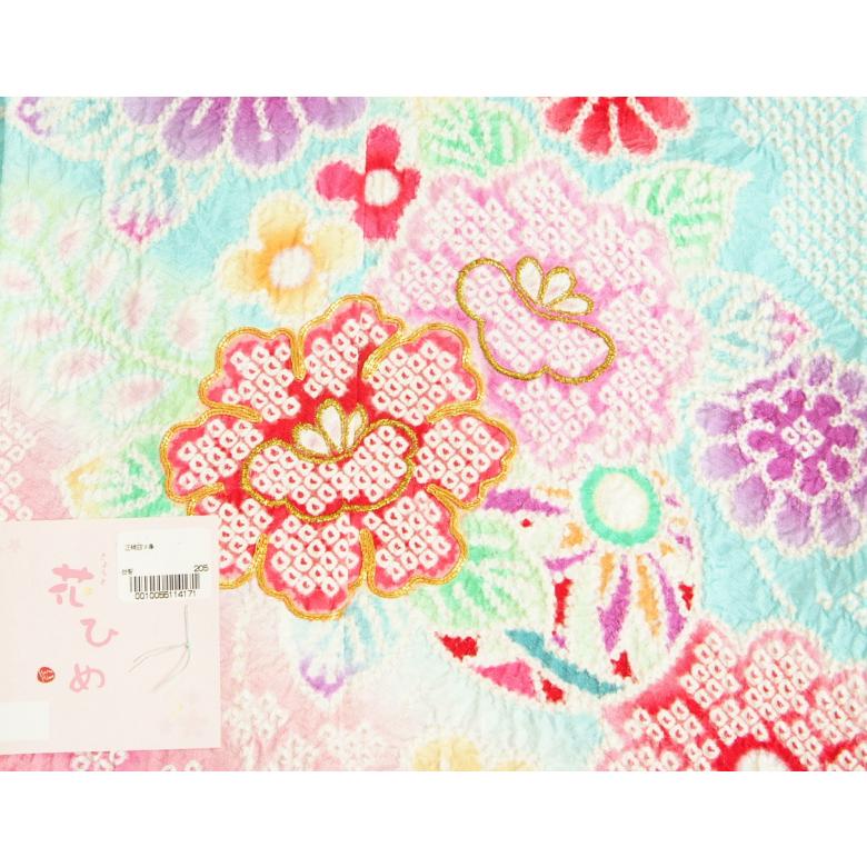 七五三 正絹 絹100％ 着物 7歳 着物フルセット 総絞り 水色地着物 金駒刺繍 金襴有職文様帯セット 足袋に腰紐など21点フルセット 日本製 | 京美 | 05