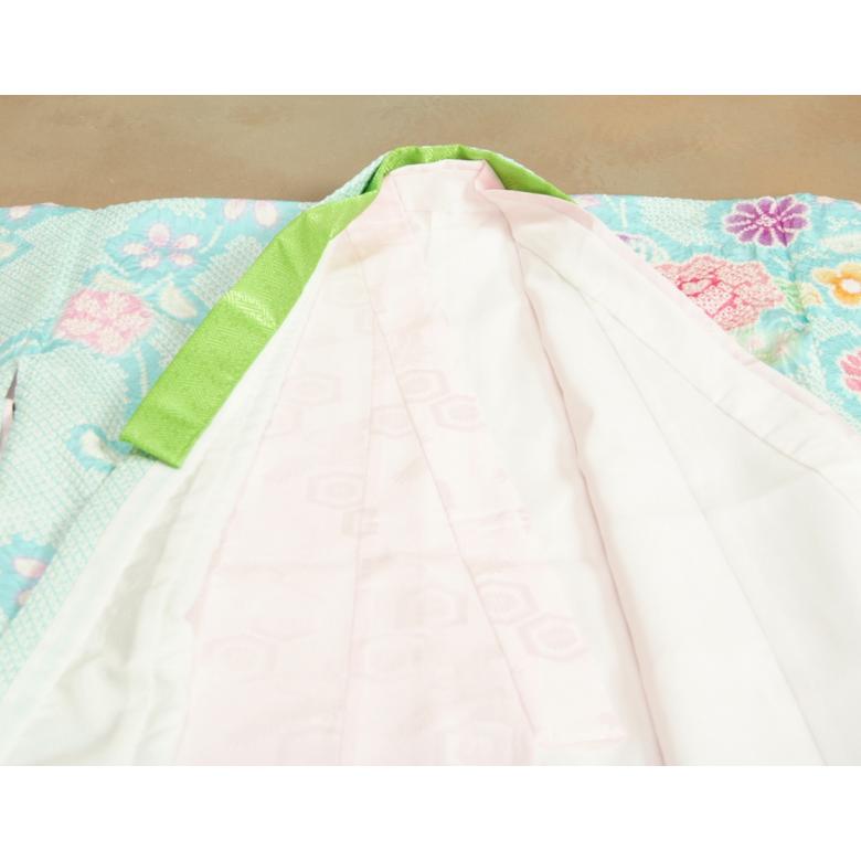 七五三 正絹 絹100％ 着物 7歳 着物フルセット 総絞り 水色地着物 金駒刺繍 金襴有職文様帯セット 足袋に腰紐など21点フルセット 日本製 | 京美 | 07