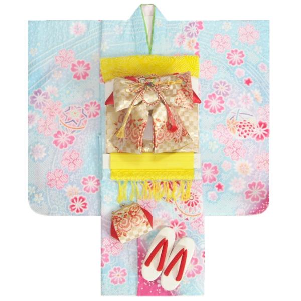 七五三 着物 7歳 女の子 着物フルセット 本絞り 水色濃淡多色染め着物 金襴市松帯セット 足袋に腰紐など20点フルセット 日本製