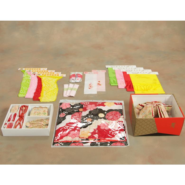 七五三 正絹 絹100％ 着物 7歳 着物フルセット 式部浪漫ブランド 赤 黒 疋田桜 金彩 金襴有職文様帯セット 足袋に腰紐など20点セット 日本製 | 京美 | 12
